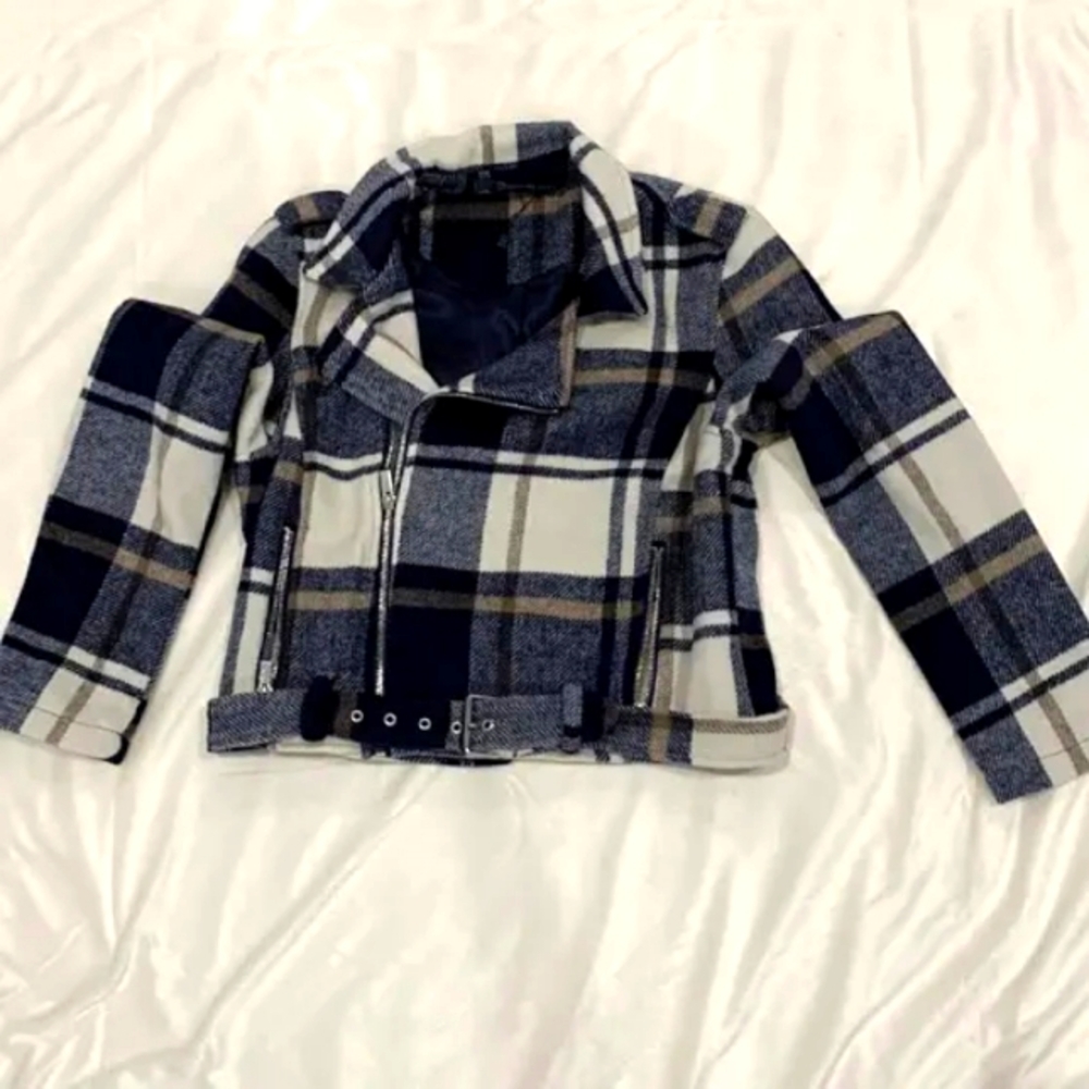 Stoosh plaid flannel jacket with belted sleeves